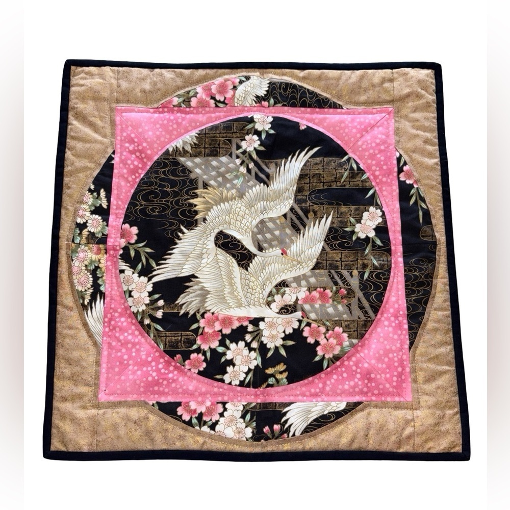 Japanese Crane Cherry Blossom Quilted Garden Flag Yard Flag Pink Black Gold